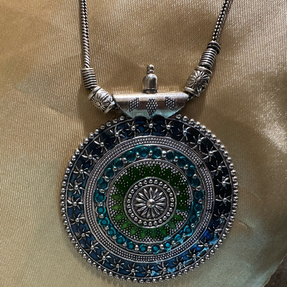 Silver, Blue and Green Pendant Medallion Necklace